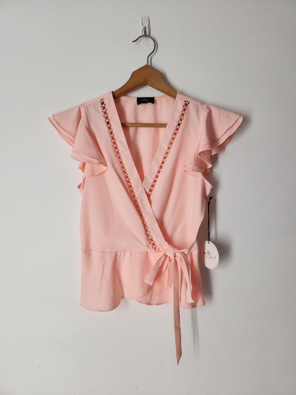 Milk & Honey pink peplum V-neck faux-wrap cutout trim blouse top XS